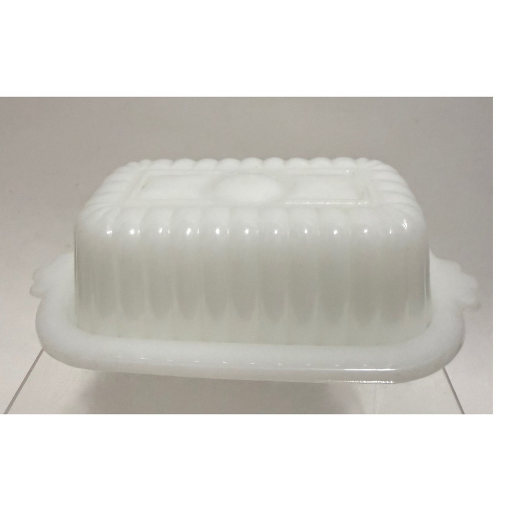 Vintage White Milk Glass Ribbed Butter Dish with Scalloped Tray Base